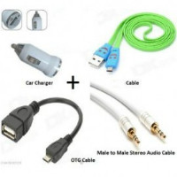 Get 50% off Combo Pack of OTG + Charging Cable For Mobile + Car Mobile Charger + Audio Cable Orders