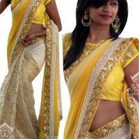 Rediff Shopping: 52% OFF on Try N Get's Yellow And Beige Color Georgette Fancy Designer Saree Orders