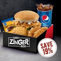 KFC: Flat ₹ 229 on 5-in-1 Zinger Meal Box !
